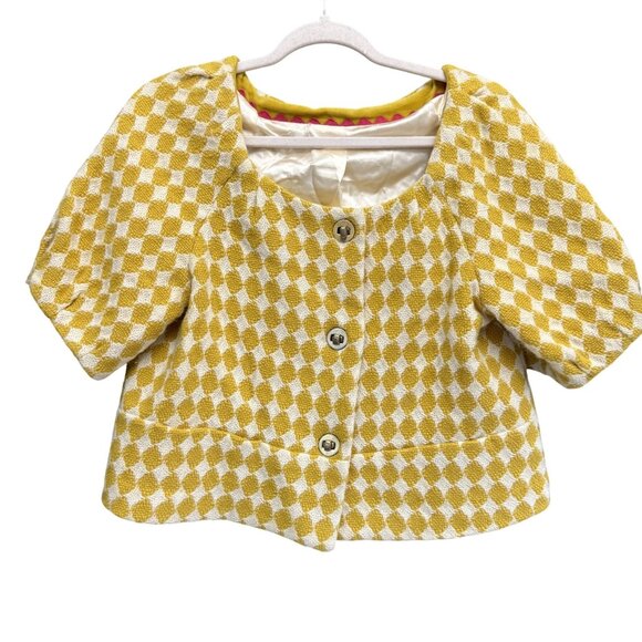 Leifsdottir Anthropologie Wool Cropped Tweed Jacket Women's Yellow White Diamond - Picture 1 of 7